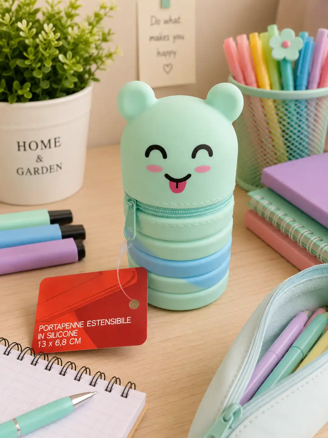 Portapenne Estensibile Silicone Orsetto Verde Acqua Menta Celeste 13x6,8cm Zip