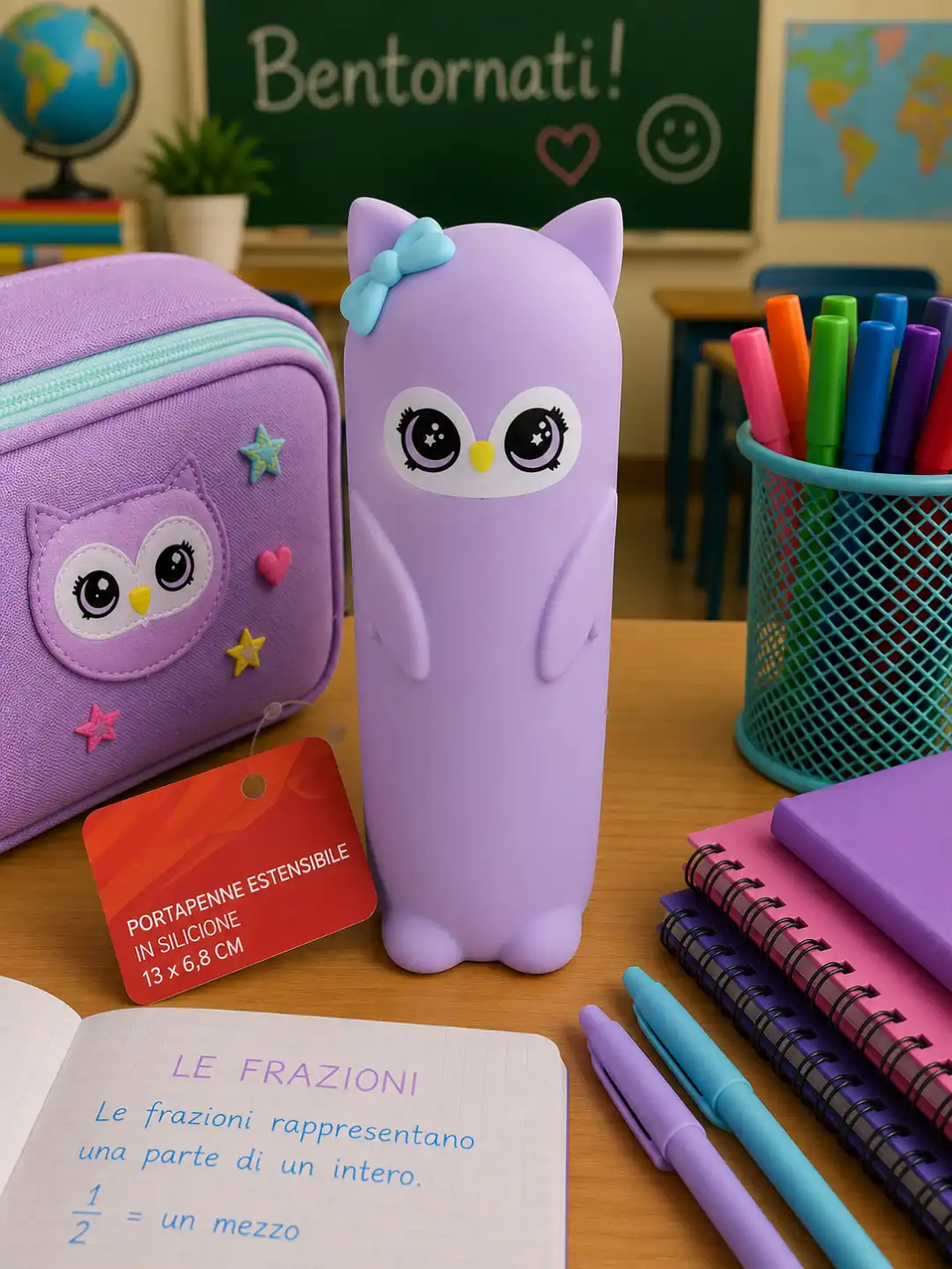 Astuccio Silicone Lilla Gufo 20x6,5x5cm Portapenne Scuola Con Zip Organizer
