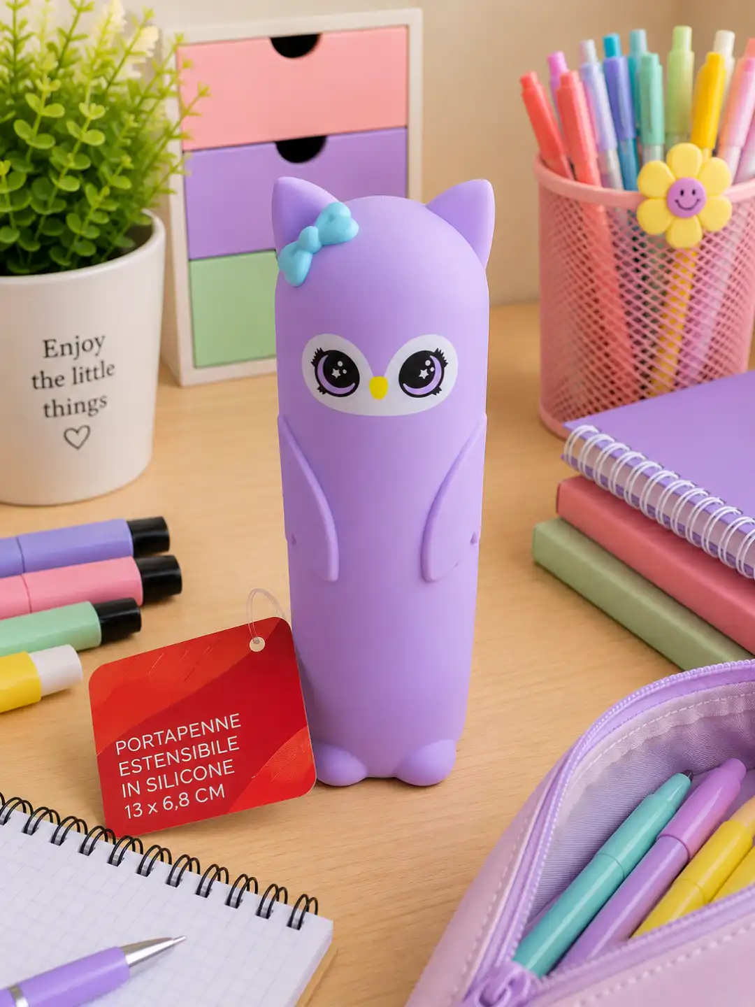 Astuccio Silicone Lilla Gufo 20x6,5x5cm Portapenne Scuola Con Zip Organizer