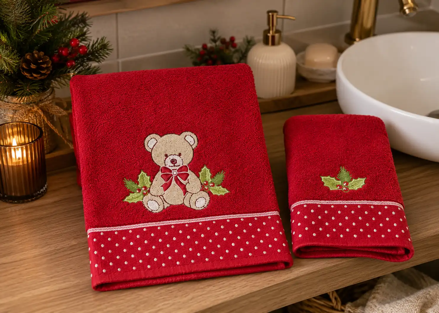 Set Asciugamano Ospite Vingi Pois XMS Rosso Natale Ricamato Scatola Regalo Home