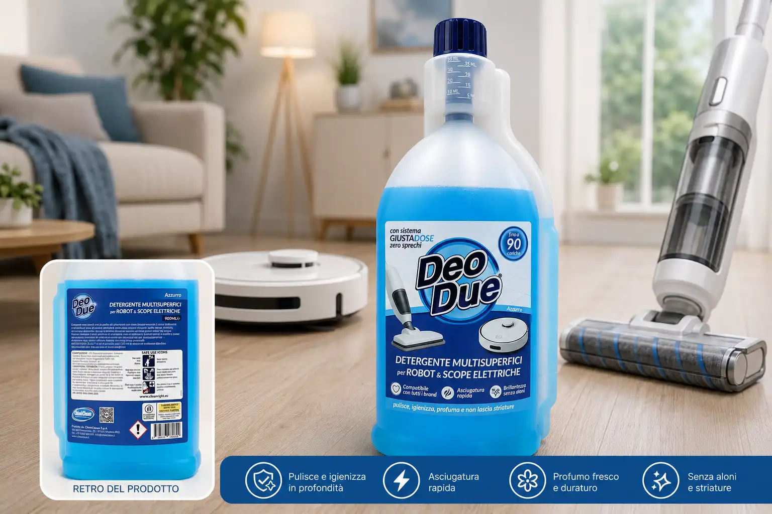 Deo Due Robot Lavapavimenti Scope Elettriche Detergente Blu 900ml Pavimenti Casa