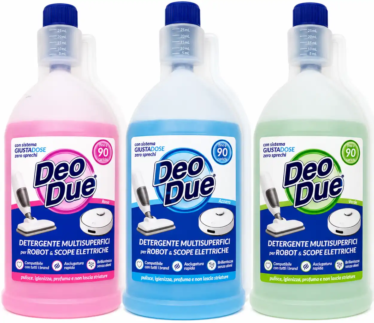 3 Deo Due Robot Scope Elettriche Verde Blu Rosa 900ml Detergente Pavimenti Kit