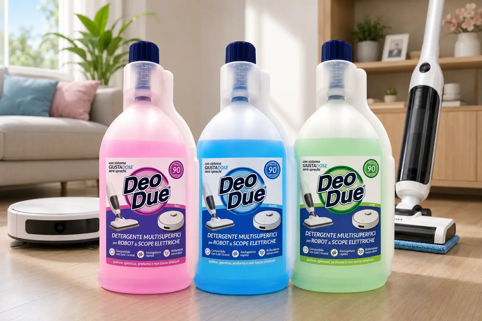 3 Deo Due Robot Scope Elettriche Verde Blu Rosa 900ml Detergente Pavimenti Kit