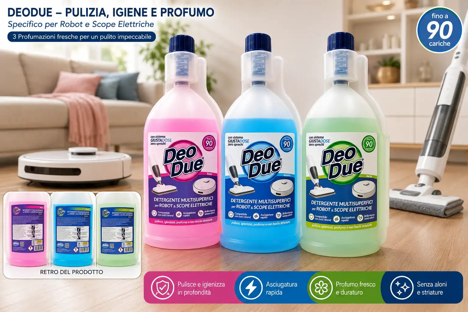 3 Deo Due Robot Scope Elettriche Verde Blu Rosa 900ml Detergente Pavimenti Kit