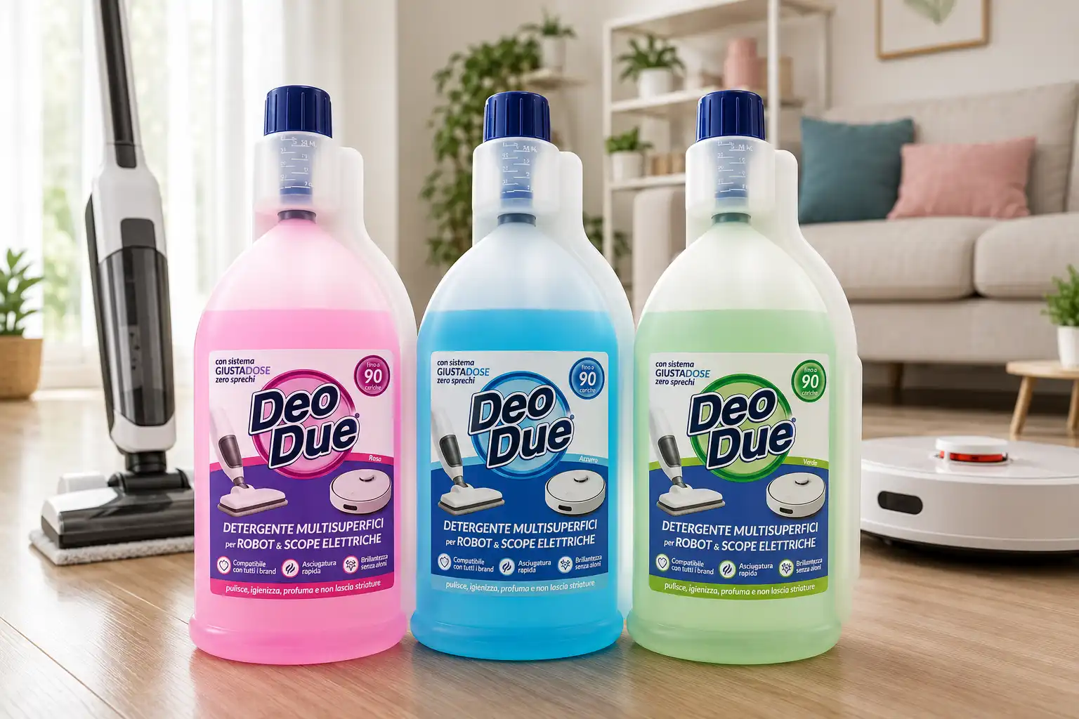 3 Deo Due Robot Scope Elettriche Verde Blu Rosa 900ml Detergente Pavimenti Kit