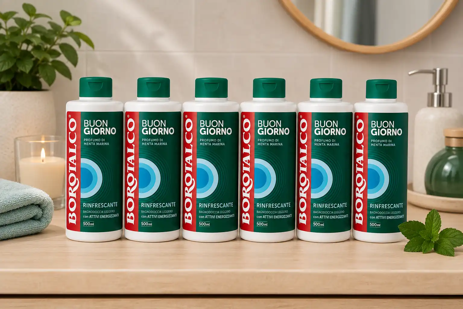 6 Borotalco Buongiorno Menta Marina Bagnodoccia Rinfrescante 500ml Set Maxi