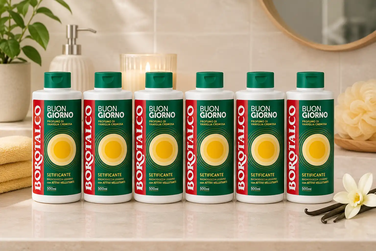 6 Borotalco Buongiorno Vaniglia Cremosa Bagnodoccia Setificante 500ml Maxi