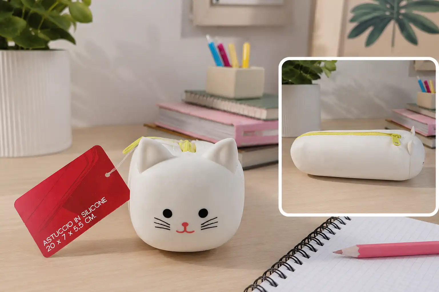 Astuccio Silicone Gatto Bianco 20x7x5,5 cm Portapenne Scuola Custodia Morbida XL