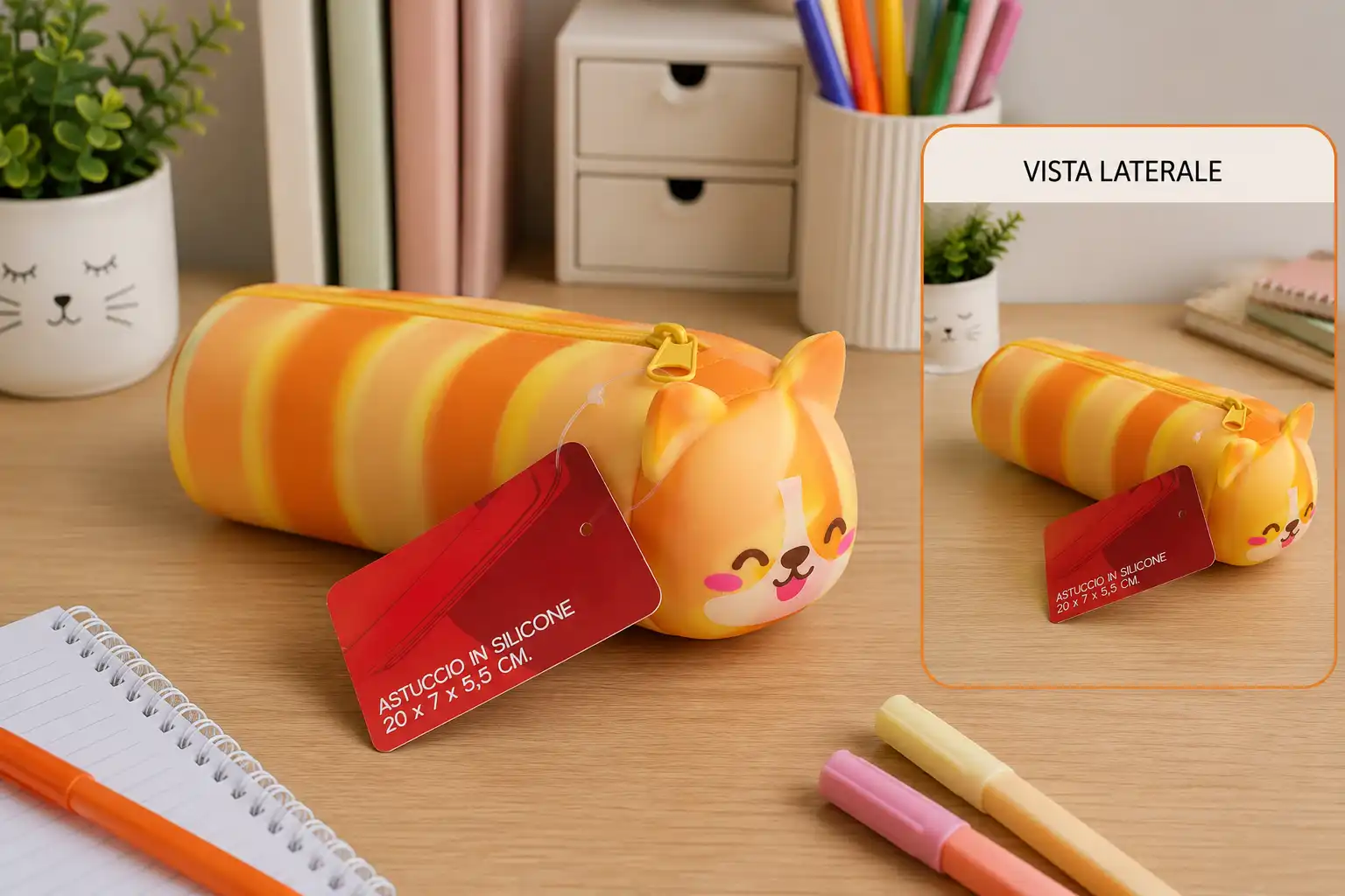 Astuccio Silicone Gatto Arancione Tigrato 20x7x5,5 cm Portapenne Scuola Custodia