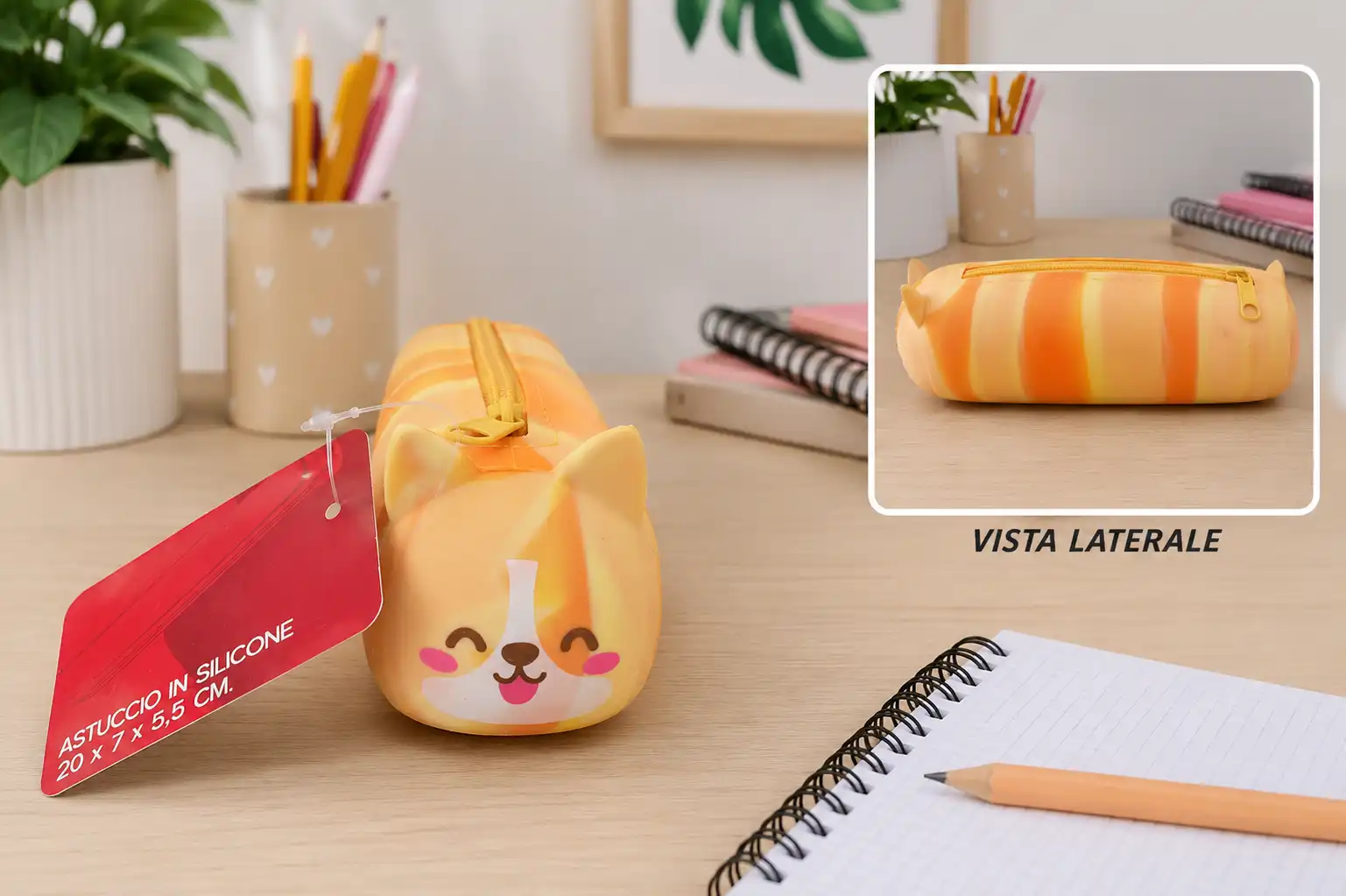 Astuccio Silicone Gatto Arancione Tigrato 20x7x5,5 cm Portapenne Scuola Custodia