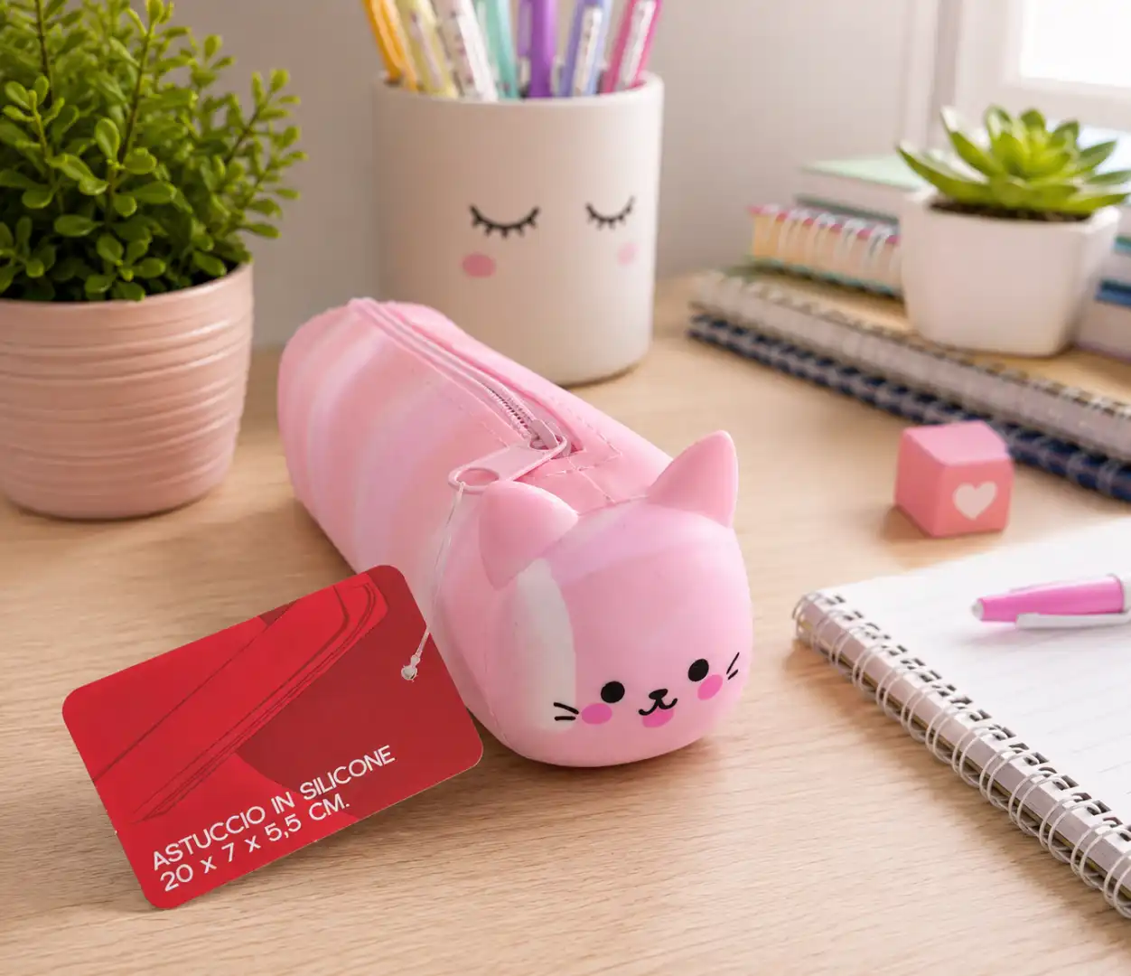 Astuccio Silicone Gatto Rosa Pastello 20x7x5,5 cm Portapenne Scuola Custodia XL.