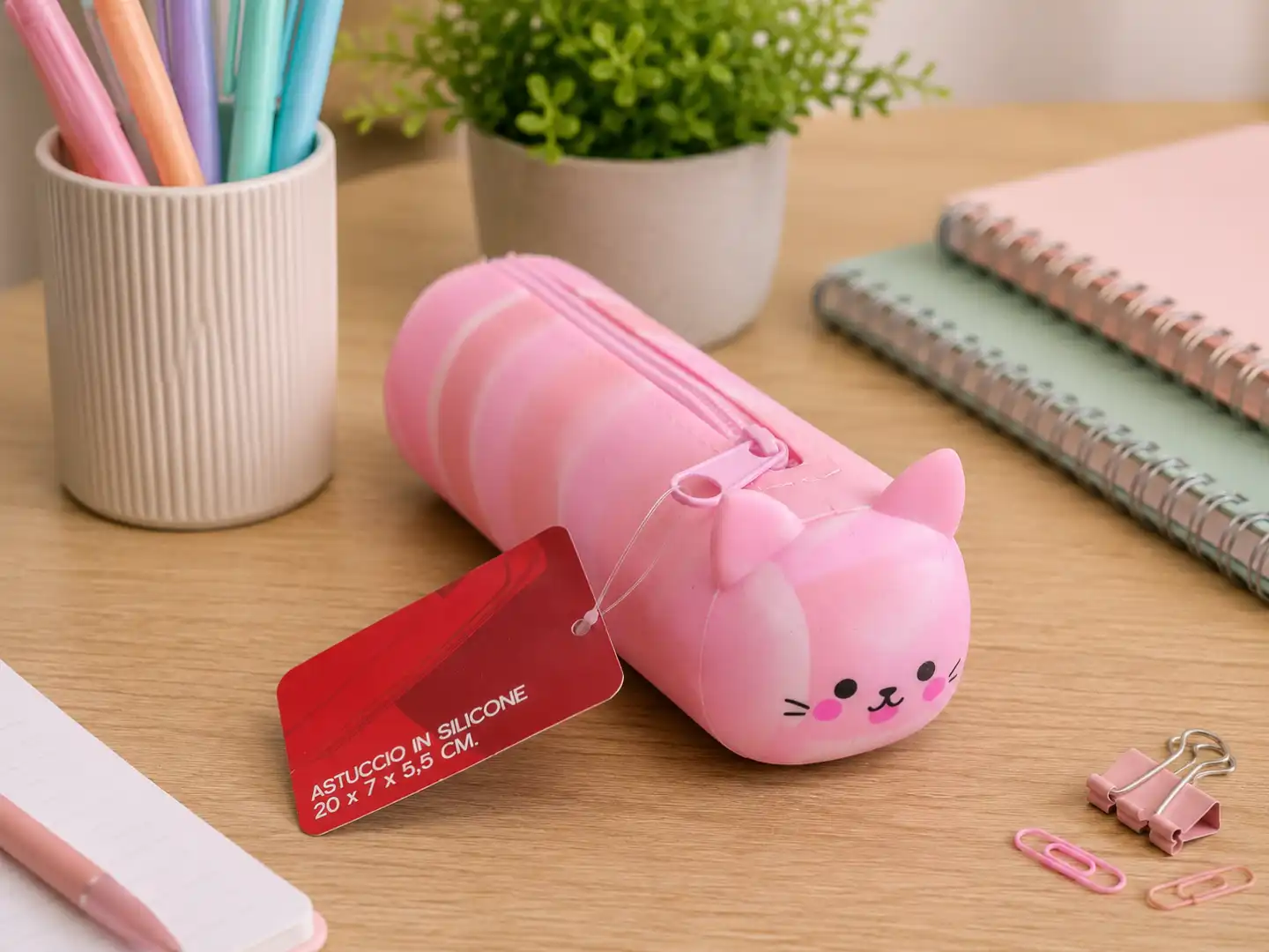 Astuccio Silicone Gatto Rosa Pastello 20x7x5,5 cm Portapenne Scuola Custodia XL.