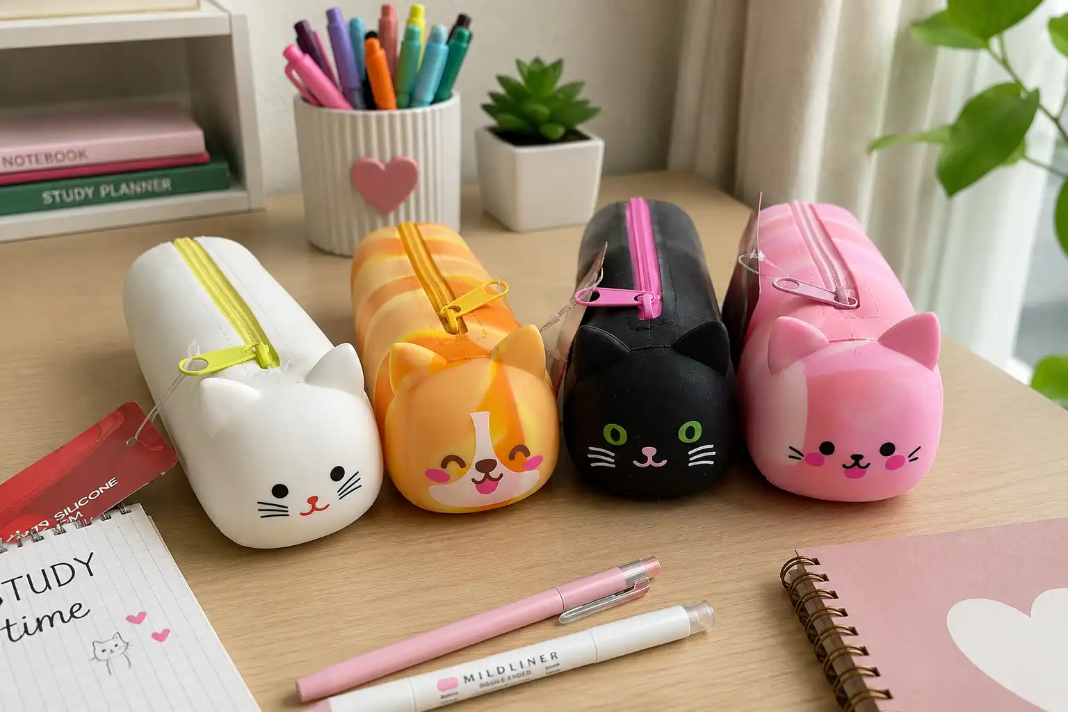 Set 4 Astucci Silicone Gatto Assortiti 20x7x5,5 cm Portapenne Scuola Custodia XL
