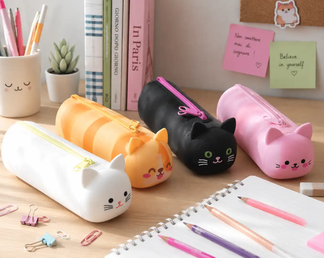 Set 4 Astucci Silicone Gatto Assortiti 20x7x5,5 cm Portapenne Scuola Custodia XL