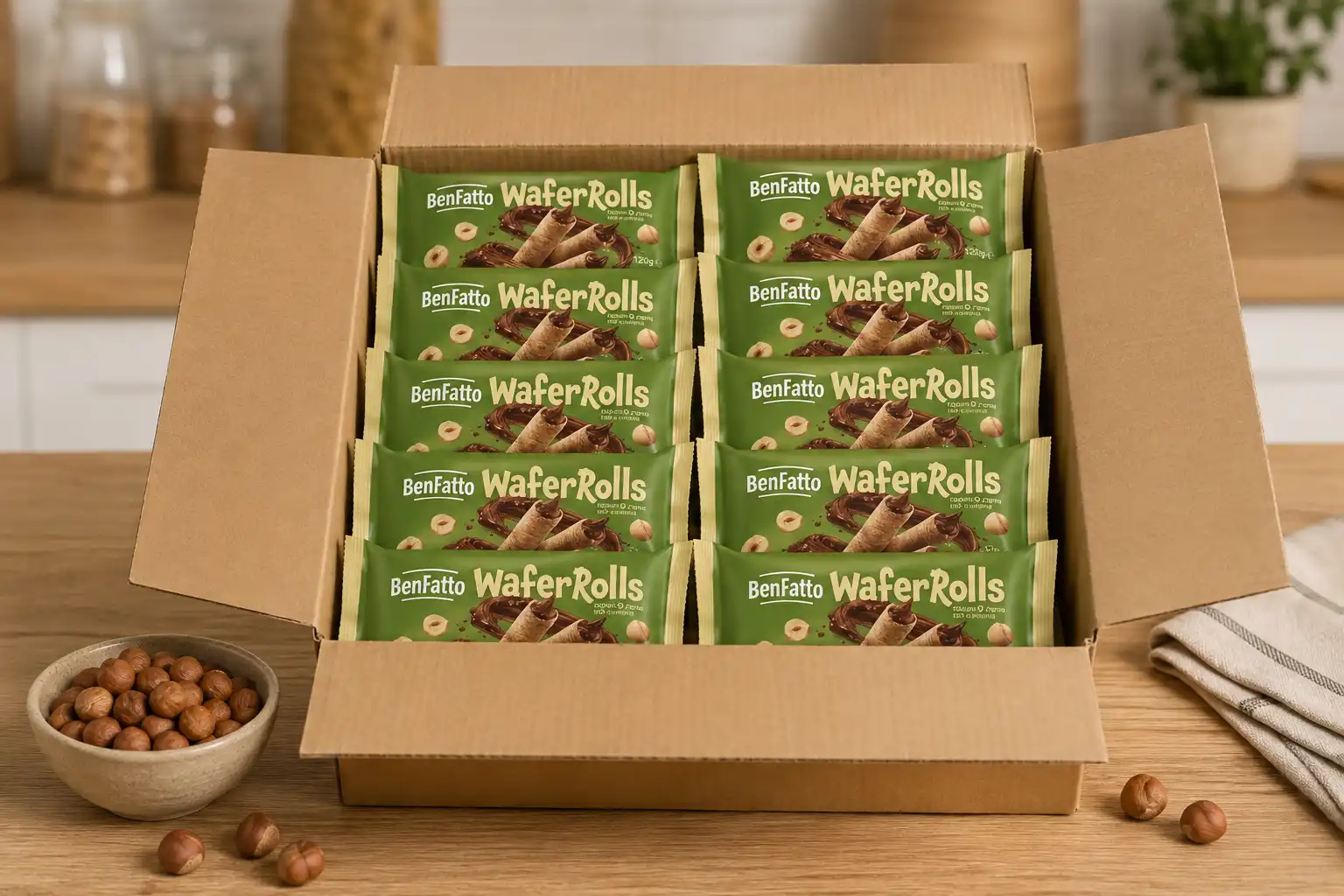 13 Pezzi Benfatto WaferRolls Nocciola 120Gr Wafer Croccanti Snack Dolci Gustosi!
