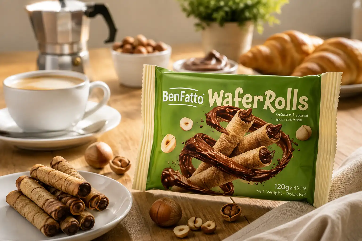 13 Pezzi Benfatto WaferRolls Nocciola 120Gr Wafer Croccanti Snack Dolci Gustosi!