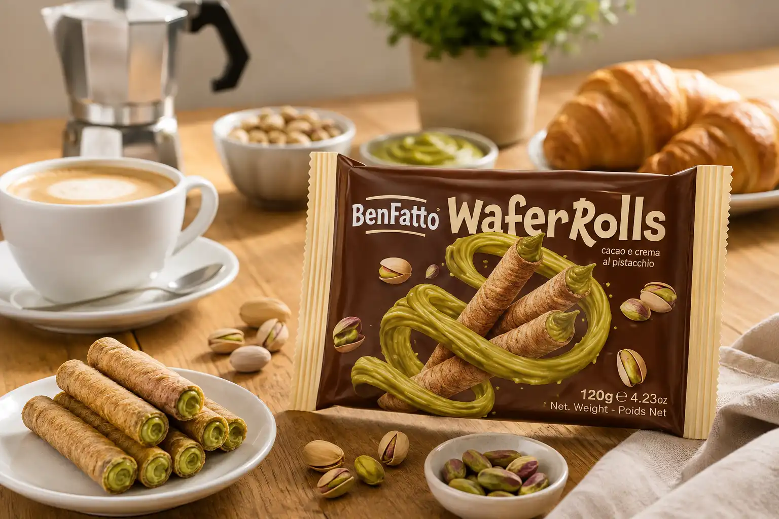 13 Pezzi Benfatto WaferRolls Pistacchio 120Gr Wafer Croccanti Snack Golosi