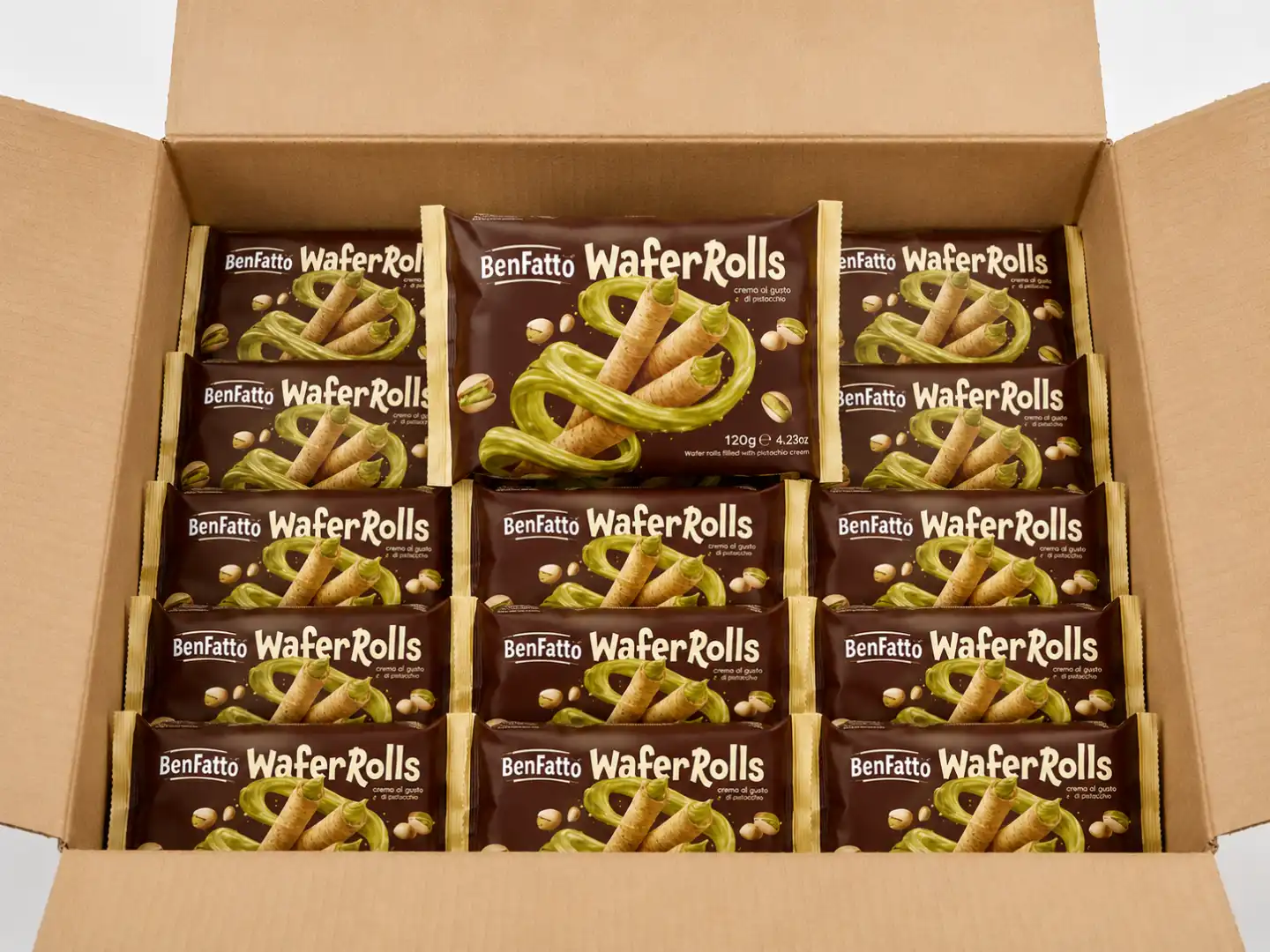 13 Pezzi Benfatto WaferRolls Pistacchio 120Gr Wafer Croccanti Snack Golosi