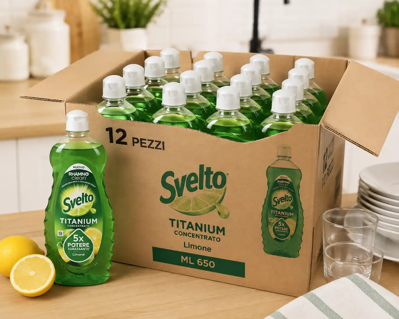 12 Pezzi Svelto Piatti Titanium Limone 650Ml Detersivo Sgrassante Potente Mix