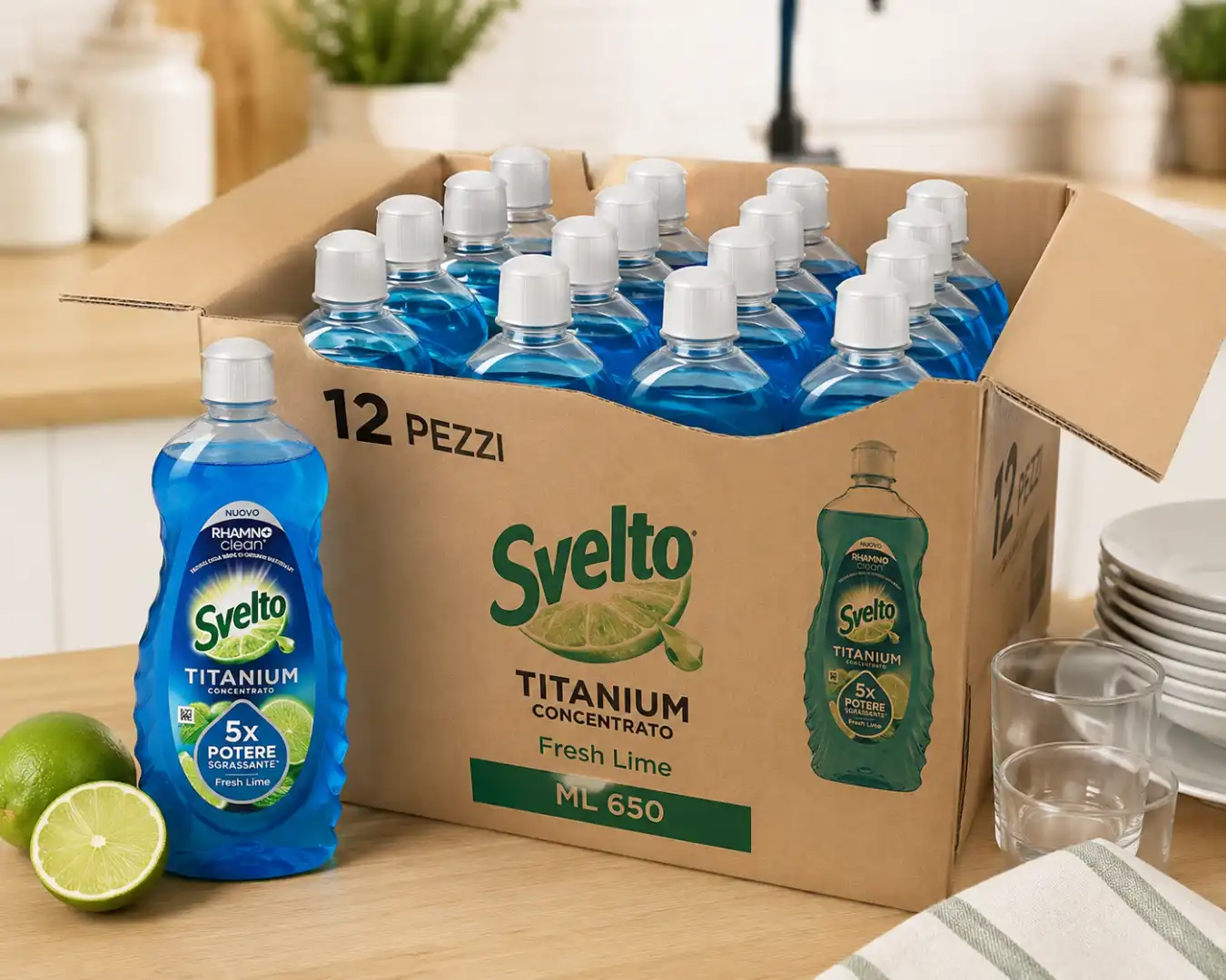 12 Pezzi Svelto Piatti Titanium Fresh Lime 650Ml Detersivo Sgrassante Potente