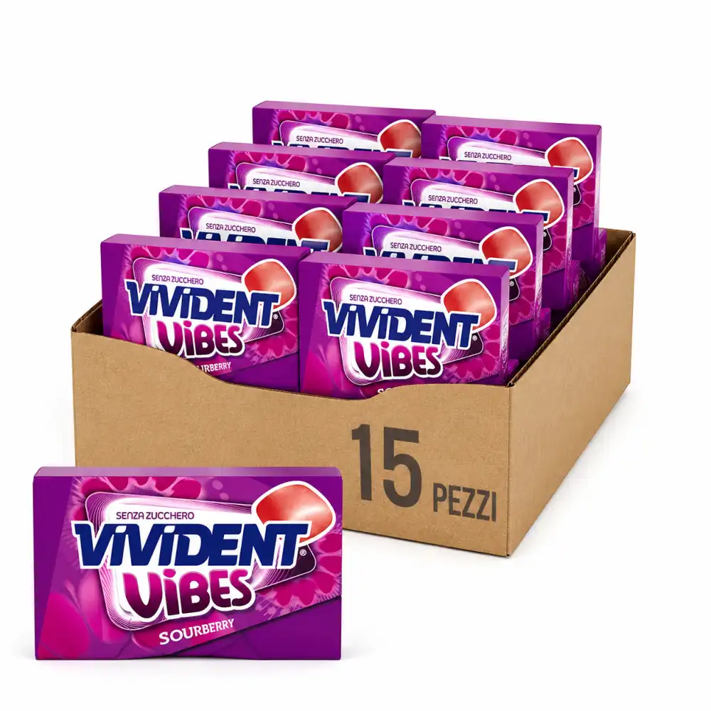 15 Perfetti Vivident Vibes Sourberry 23Gr Chewing Gum Senza Zucchero Gusto Mix