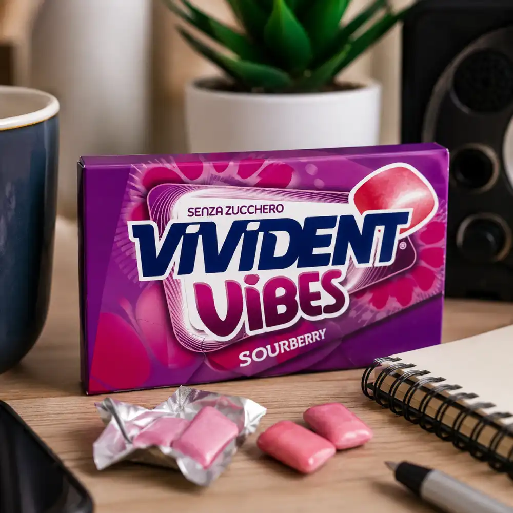15 Perfetti Vivident Vibes Sourberry 23Gr Chewing Gum Senza Zucchero Gusto Mix