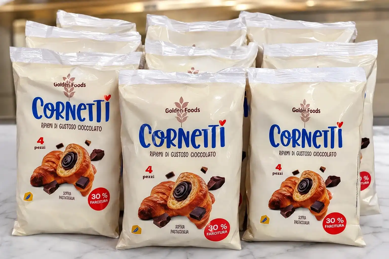 8 Pezzi Golden Foods Cornetti Choco 4Pz Ripieni Cioccolato Snack Dolci Colazione