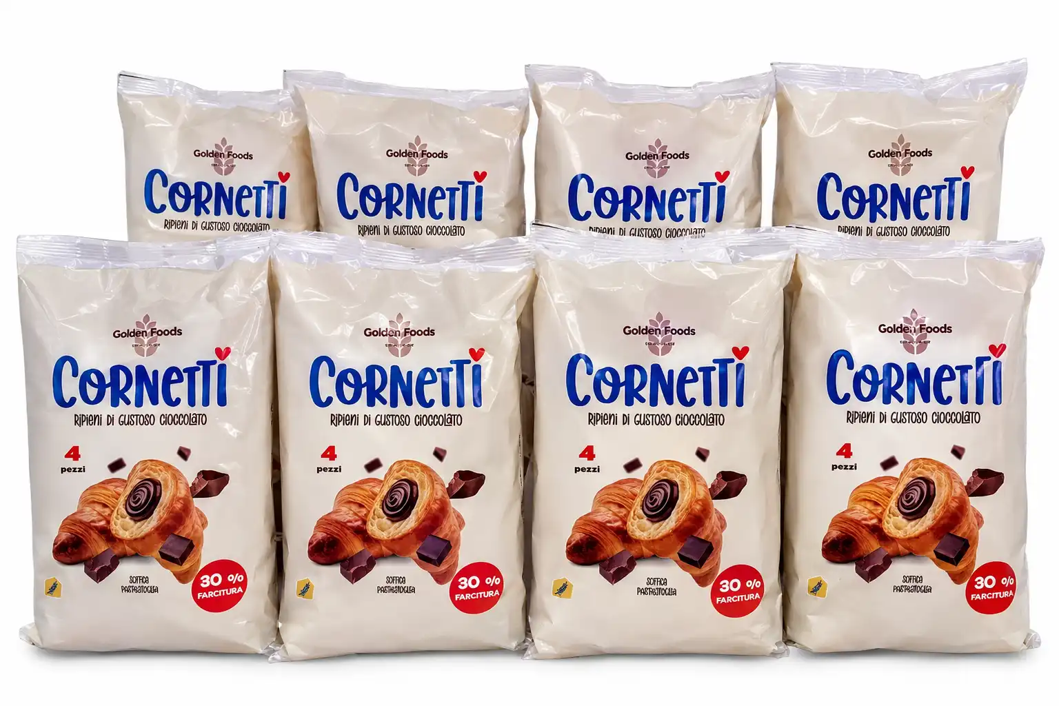 8 Pezzi Golden Foods Cornetti Choco 4Pz Ripieni Cioccolato Snack Dolci Colazione