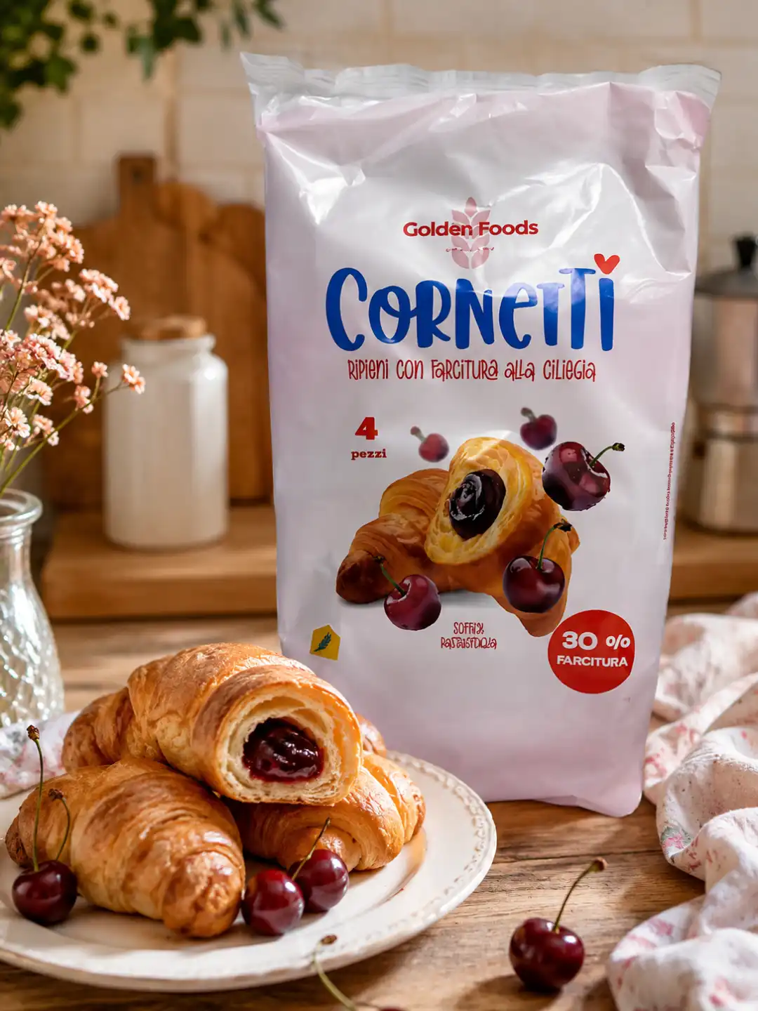 8 Pezzi Golden Foods Cornetti Ciliegia 4Pz Ripieni Confettura Dolci Colazione XL
