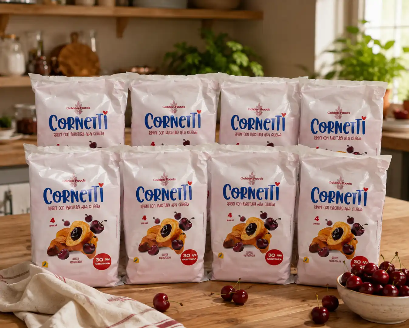 8 Pezzi Golden Foods Cornetti Ciliegia 4Pz Ripieni Confettura Dolci Colazione XL