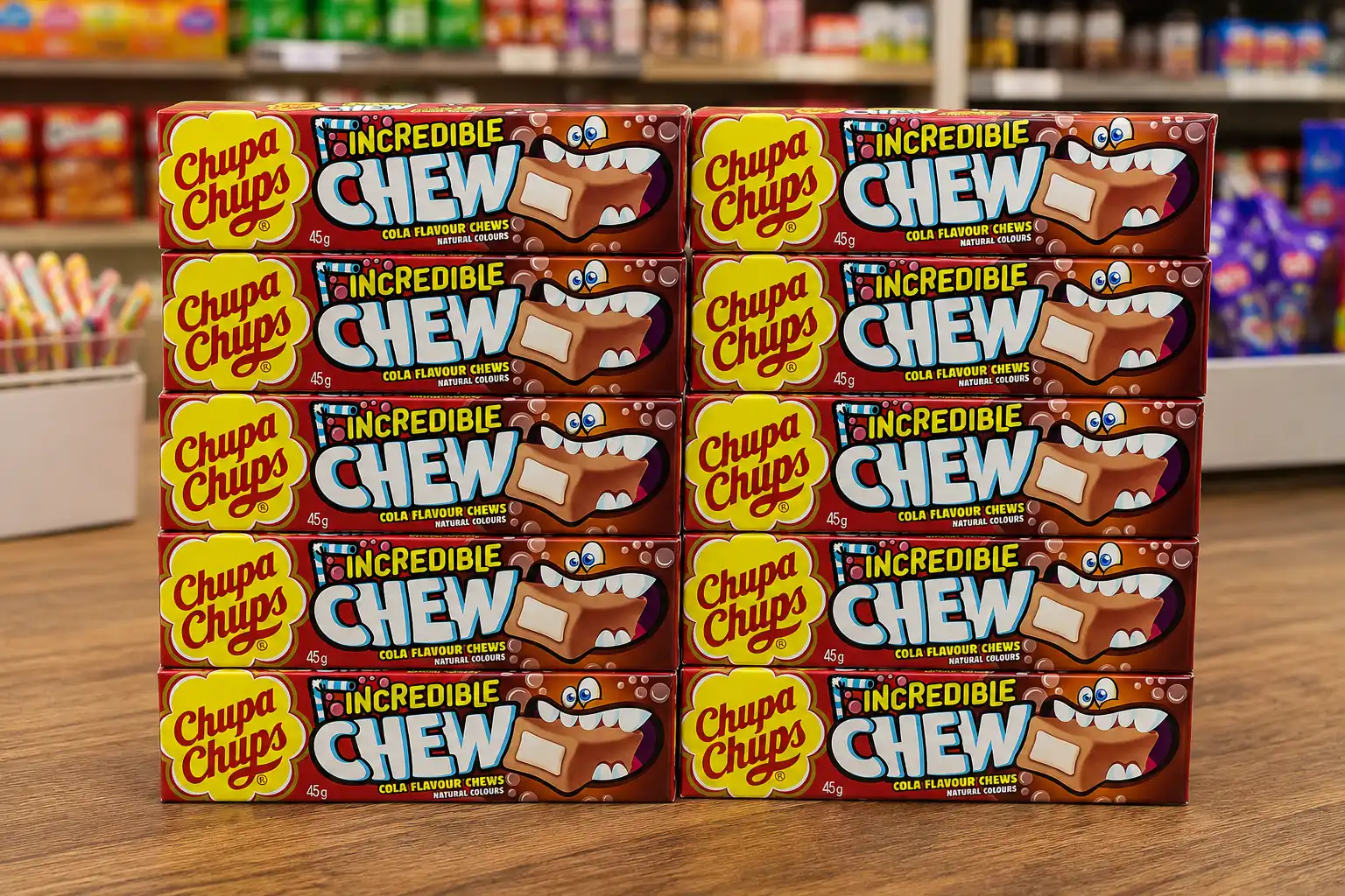 12 Pezzi Chupa Chups Incredible Chew Cola 45Gr x20 Caramelle Gommose Ripiene Box