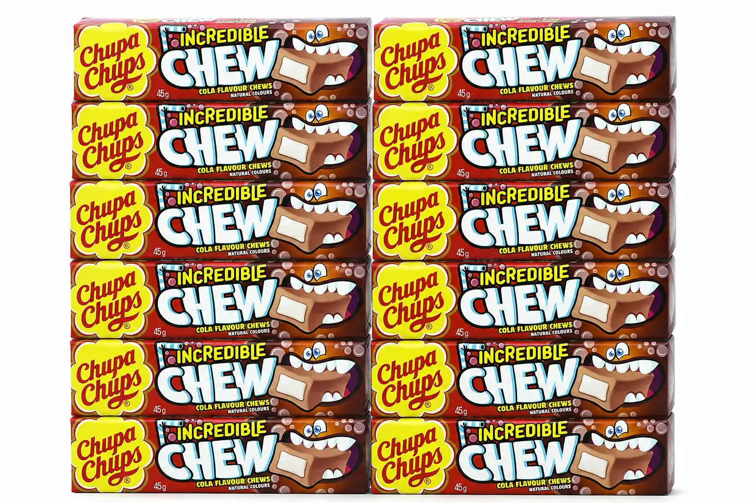 12 Pezzi Chupa Chups Incredible Chew Cola 45Gr x20 Caramelle Gommose Ripiene Box