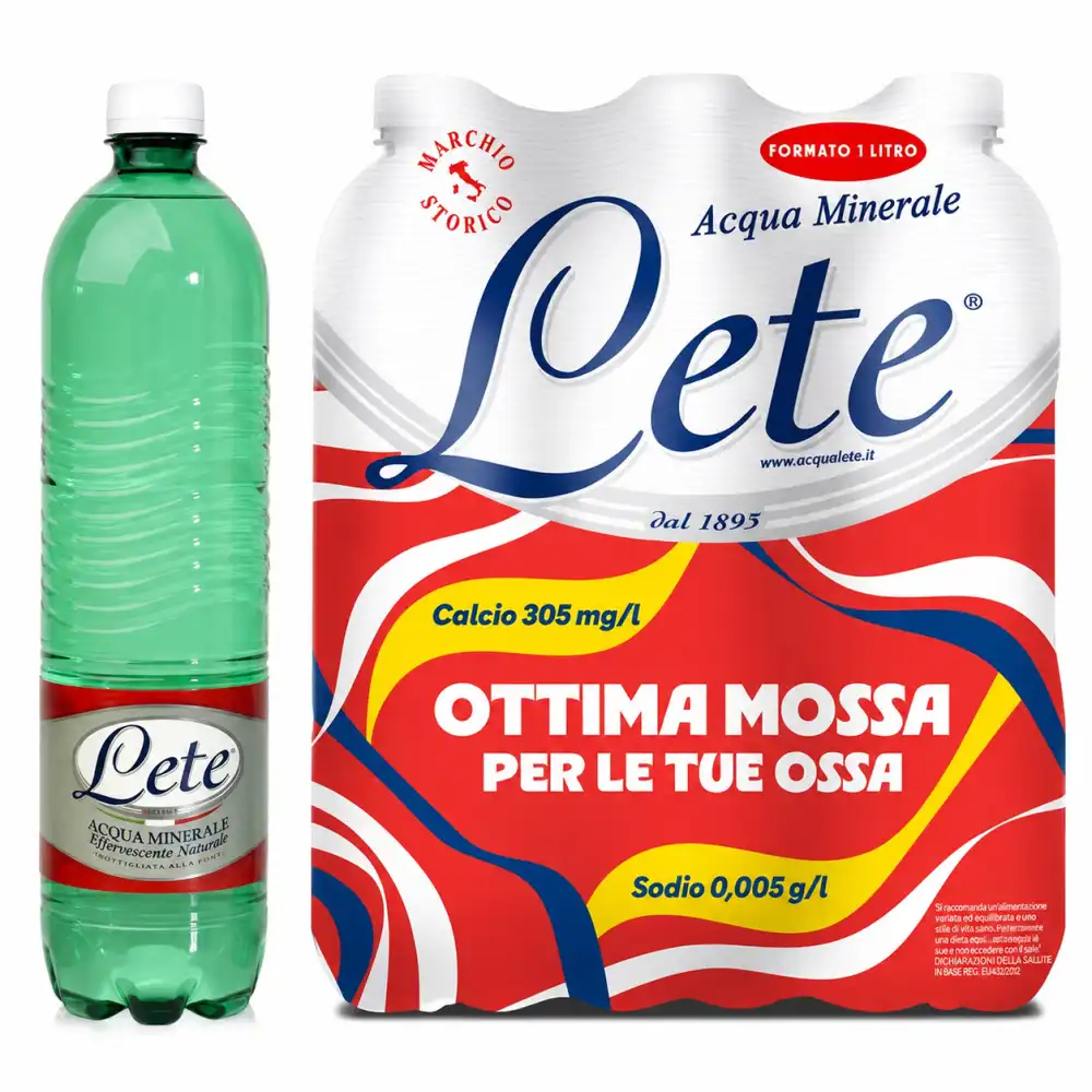 24 Bottiglie Lete Acqua Minerale 1 Litro Effervescente Naturale 4 Confezioni X 6