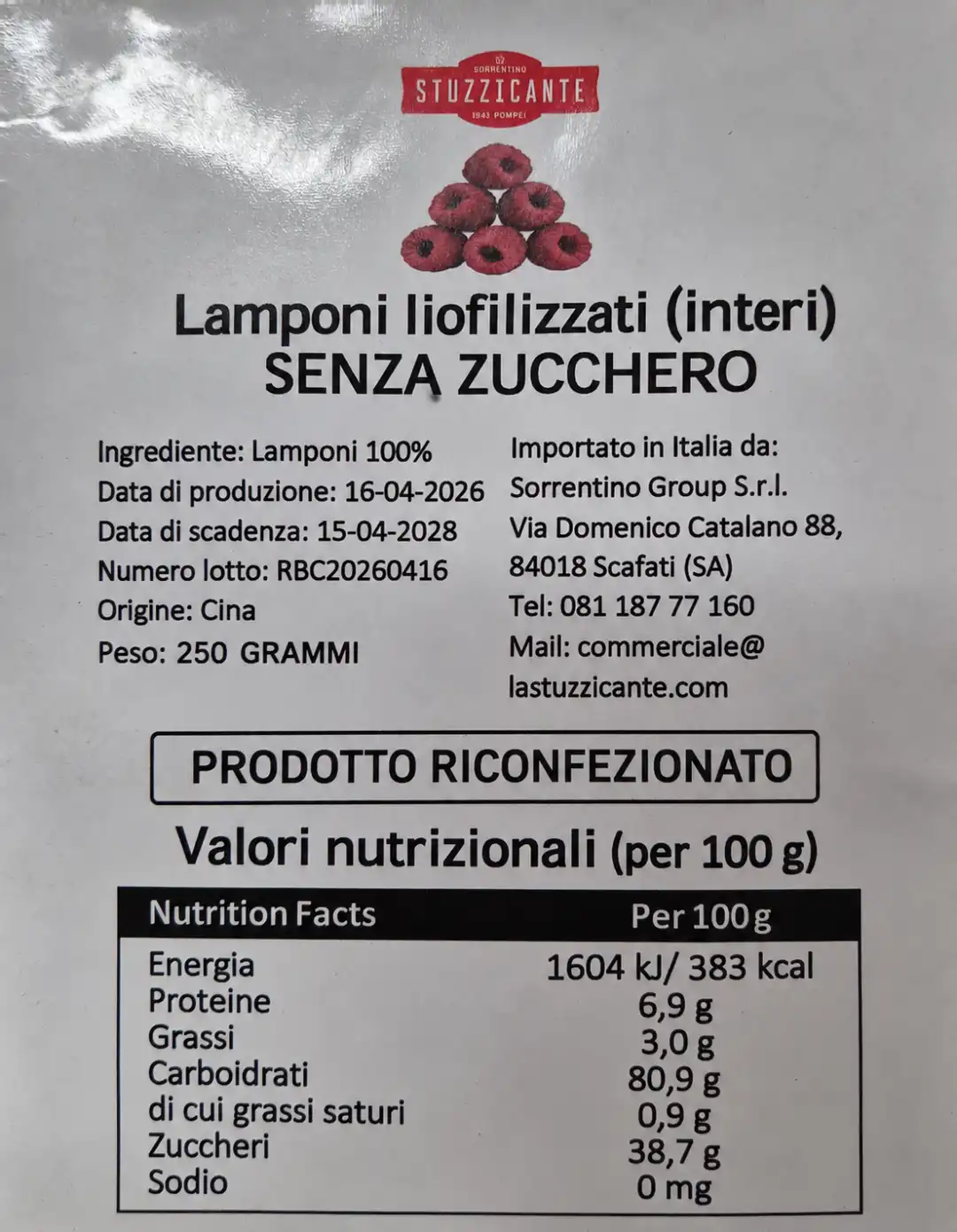 Lamponi Liofilizzati Interi Senza Zucchero 250g 100% Frutta Snack Naturale Secco