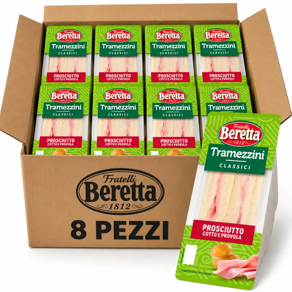 8 Pezzi Beretta Tramezzino 140g Prosciutto Cotto Provola Snack Panino 1,12kg Box