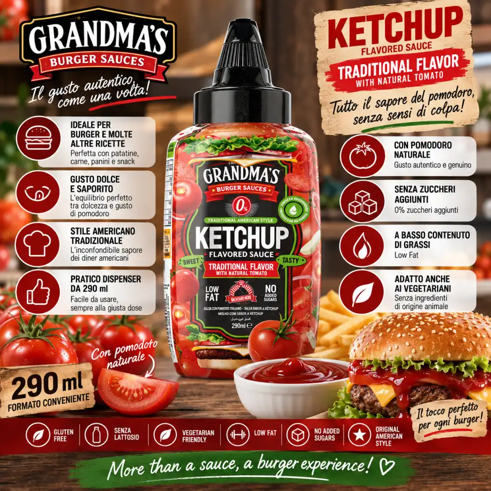 Max Protein Grandma's Zero Ketchup 290ml Salsa Senza Zuccheri Aggiunti Hamburger