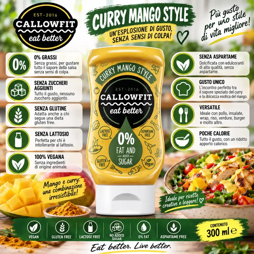 Callowfit Curry Mango 300ml Salsa Speziata Vegan Senza Glutine Lattosio Low Carb