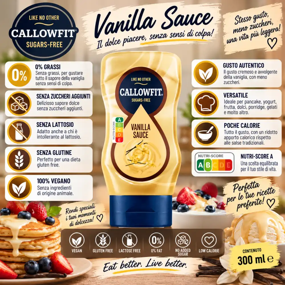 Callowfit Vanilla 300ml Salsa Zero Vegan Senza Glutine Lattosio Soia Dessert Fit