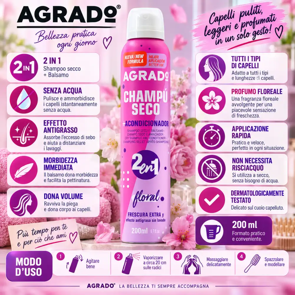 8 PEZZI Agrado Shampoo Secco 2in1 Floreale 200ml Balsamo Capelli Freschezza 2in1