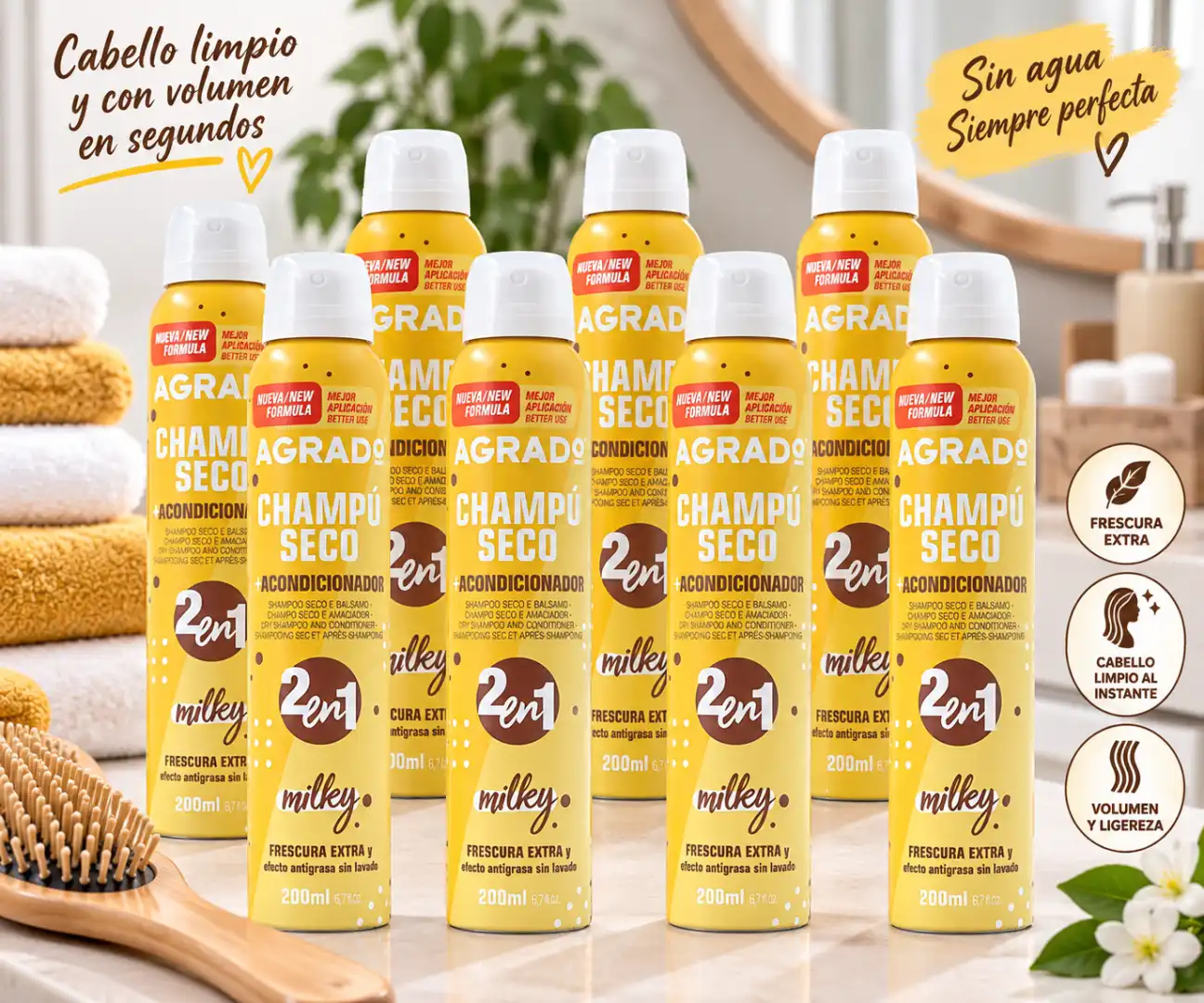 8 PEZZI Agrado Shampoo Secco 2in1 Milky 200ml Balsamo Capelli Freschezza Spray