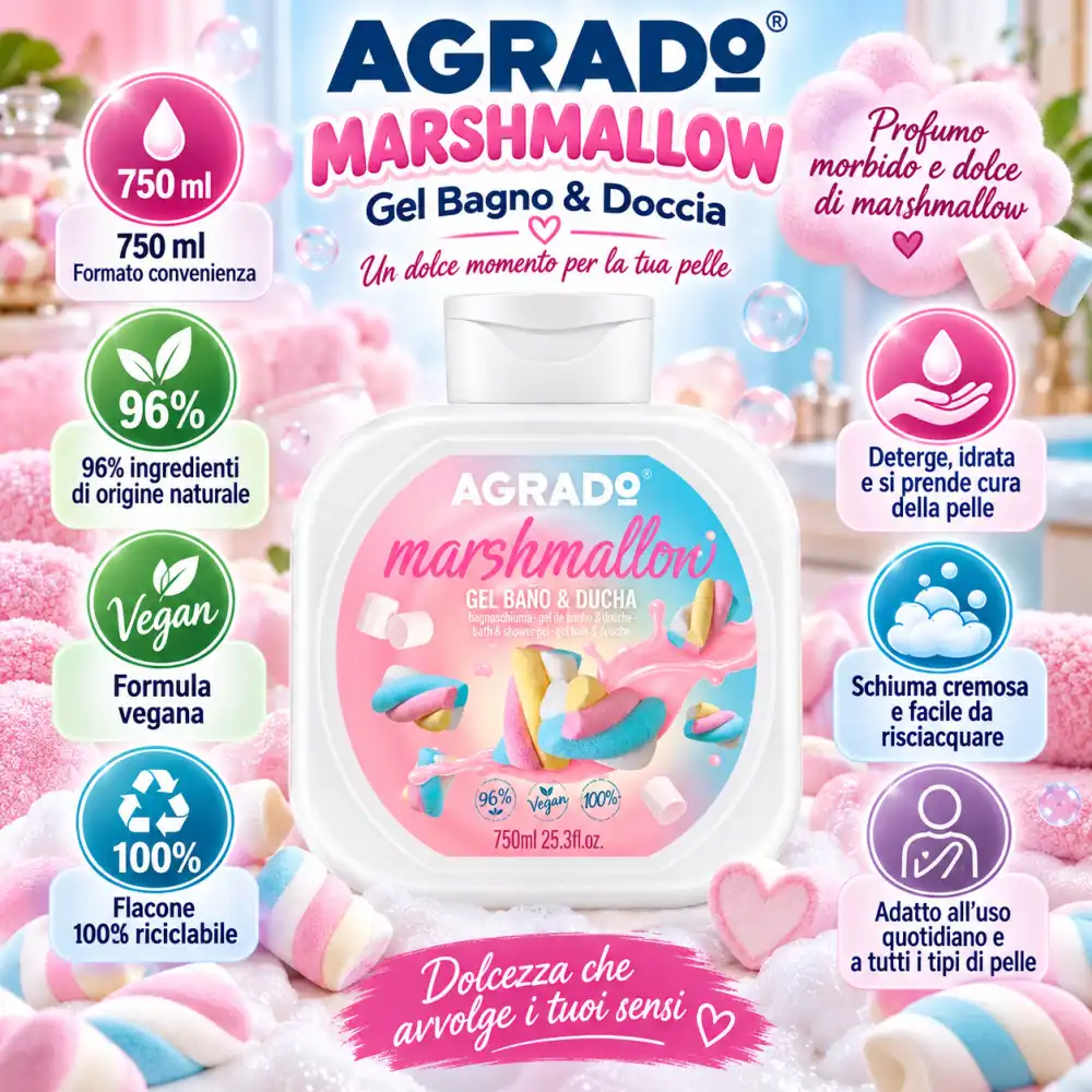 8 PEZZI Agrado Bagnoschiuma Gel 750ml Marshmallow Bagno Doccia Vegan 6 Litri!
