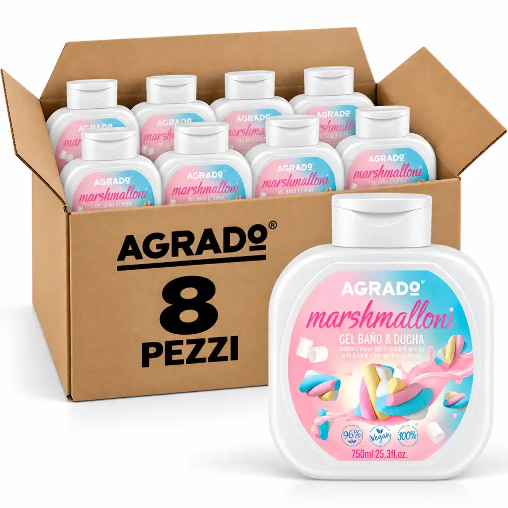 8 PEZZI Agrado Bagnoschiuma Gel 750ml Marshmallow Bagno Doccia Vegan 6 Litri!