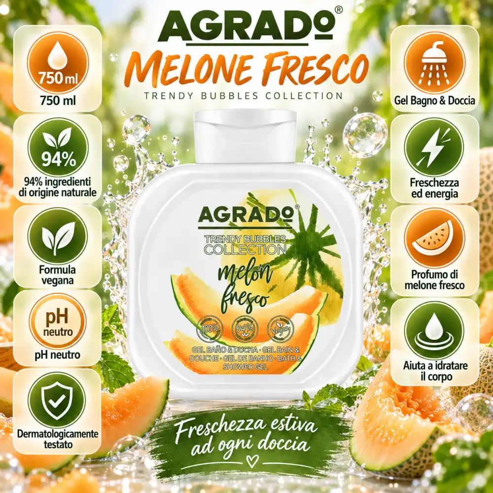 8 PEZZI Agrado Bagnoschiuma Gel 750ml Melone Fresco Bagno Doccia Vegan 6 Litri!