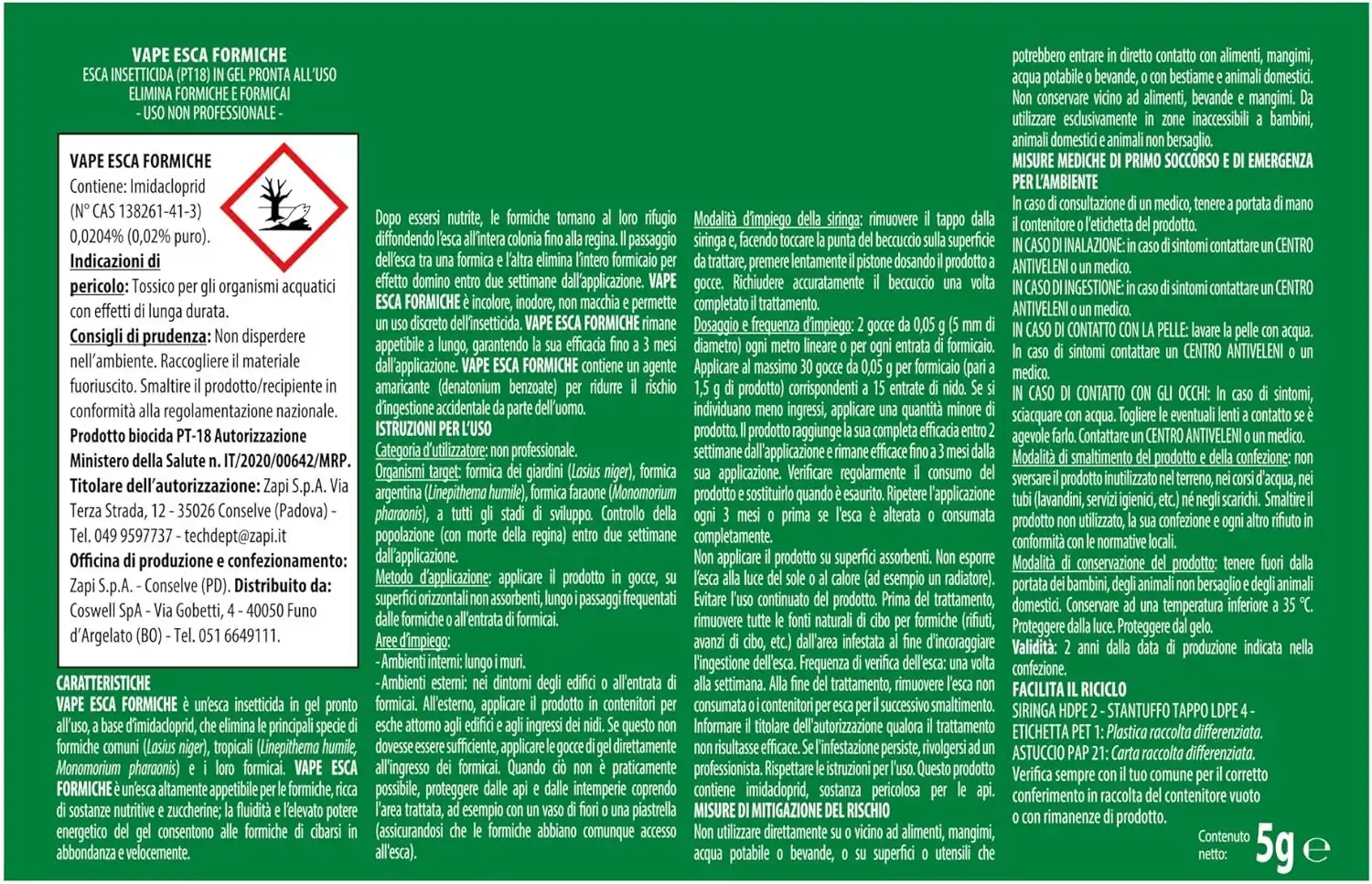 3 PEZZI Vape Esca Formiche Gel Gocce 5g Insetticida Interni Esterni Formicaio PT