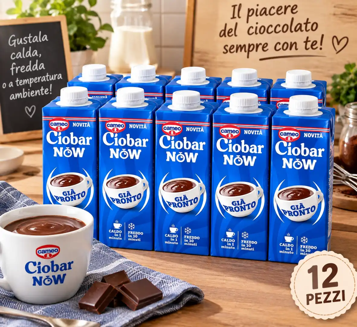 12 Pezzi Cameo Ciobar NOW Cioccolata Pronta 270g Senza Glutine e Lattosio 3,24Kg