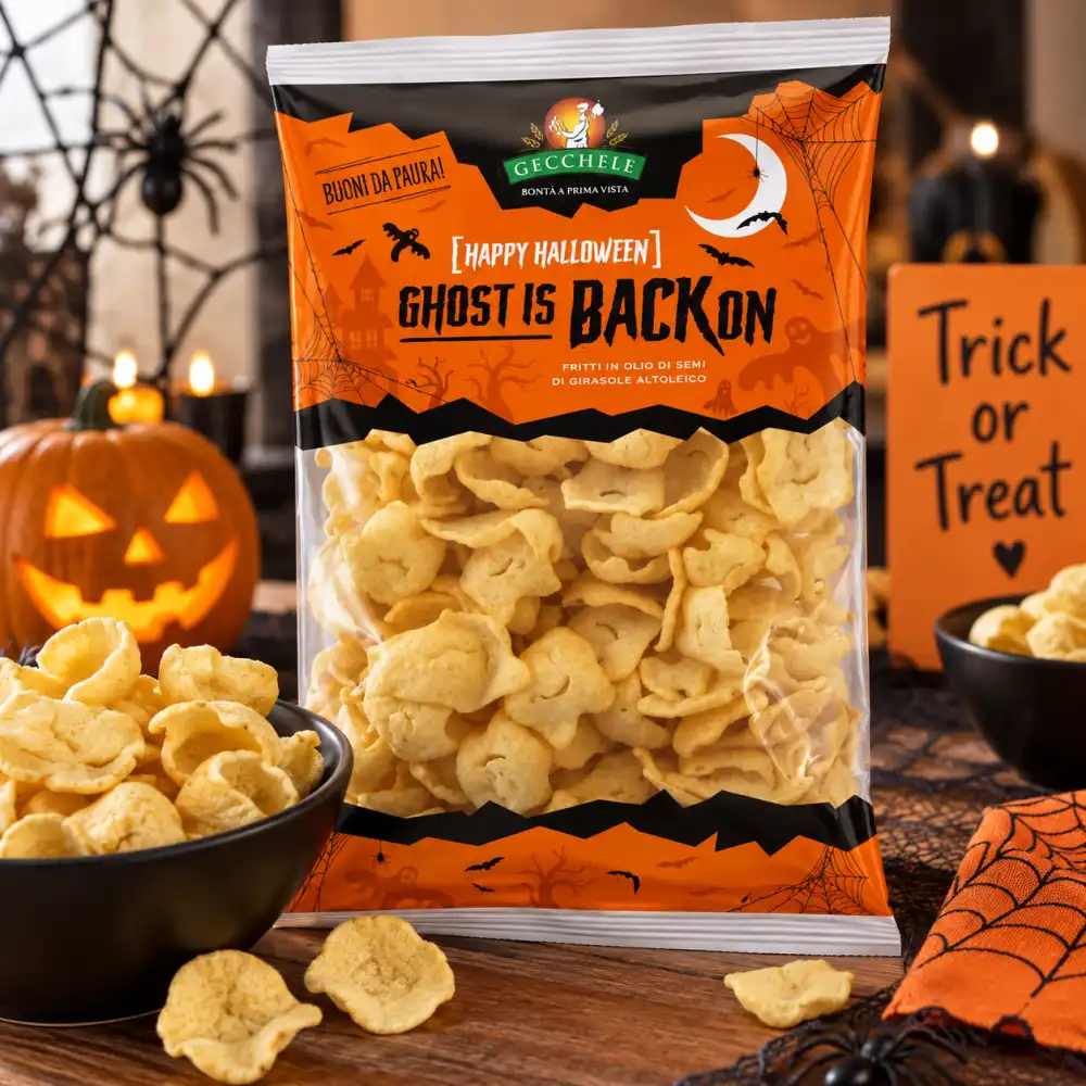 9 Pezzi Gecchele Ghost Is Backon 100g Snack Halloween Salati Fantasmini Party XL