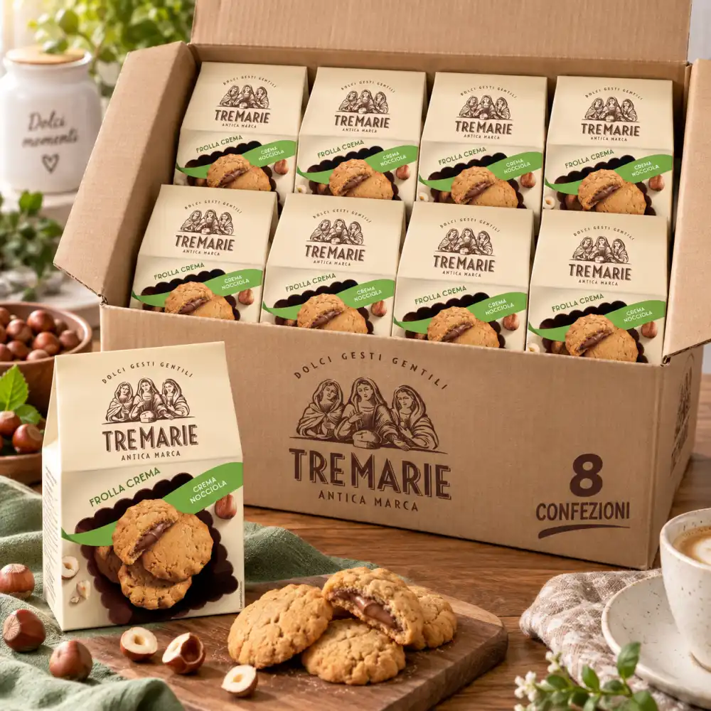 8 Pezzi Tre Marie Cookies 150g Ripieni Crema Nocciola Frolla Biscotti 1,2Kg Maxi