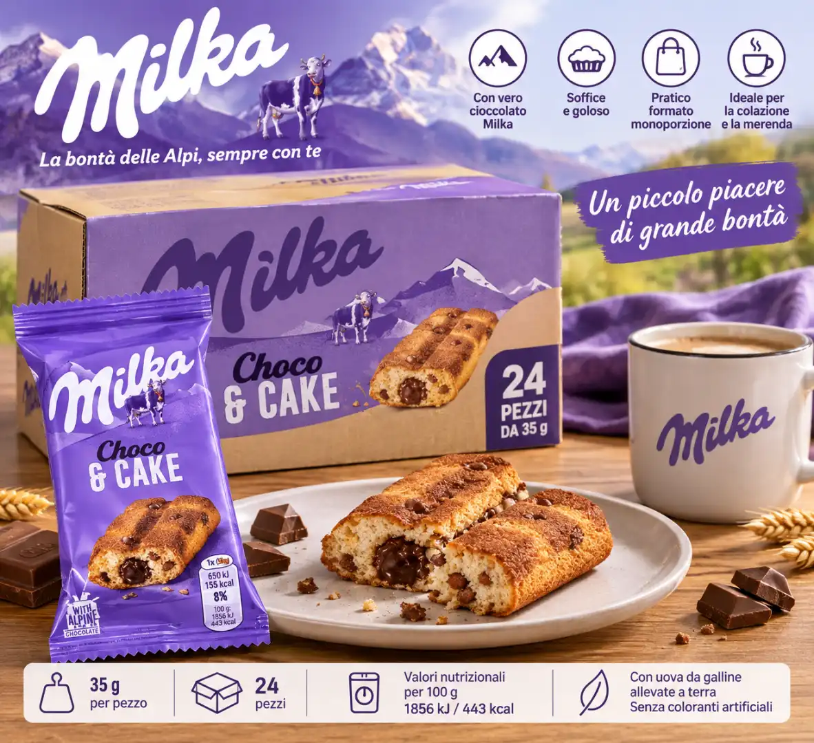 24 Pezzi Milka Choco Cake 35 g Dolcetti al Cioccolato Ripieni Snack Totale 840 g