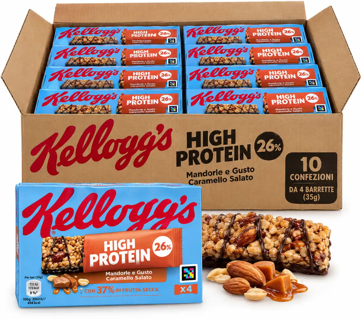 10 Pezzi Kellogg's Barrette Protein 35g x4 Caramello Salato Mandorle 26% 1,4Kg