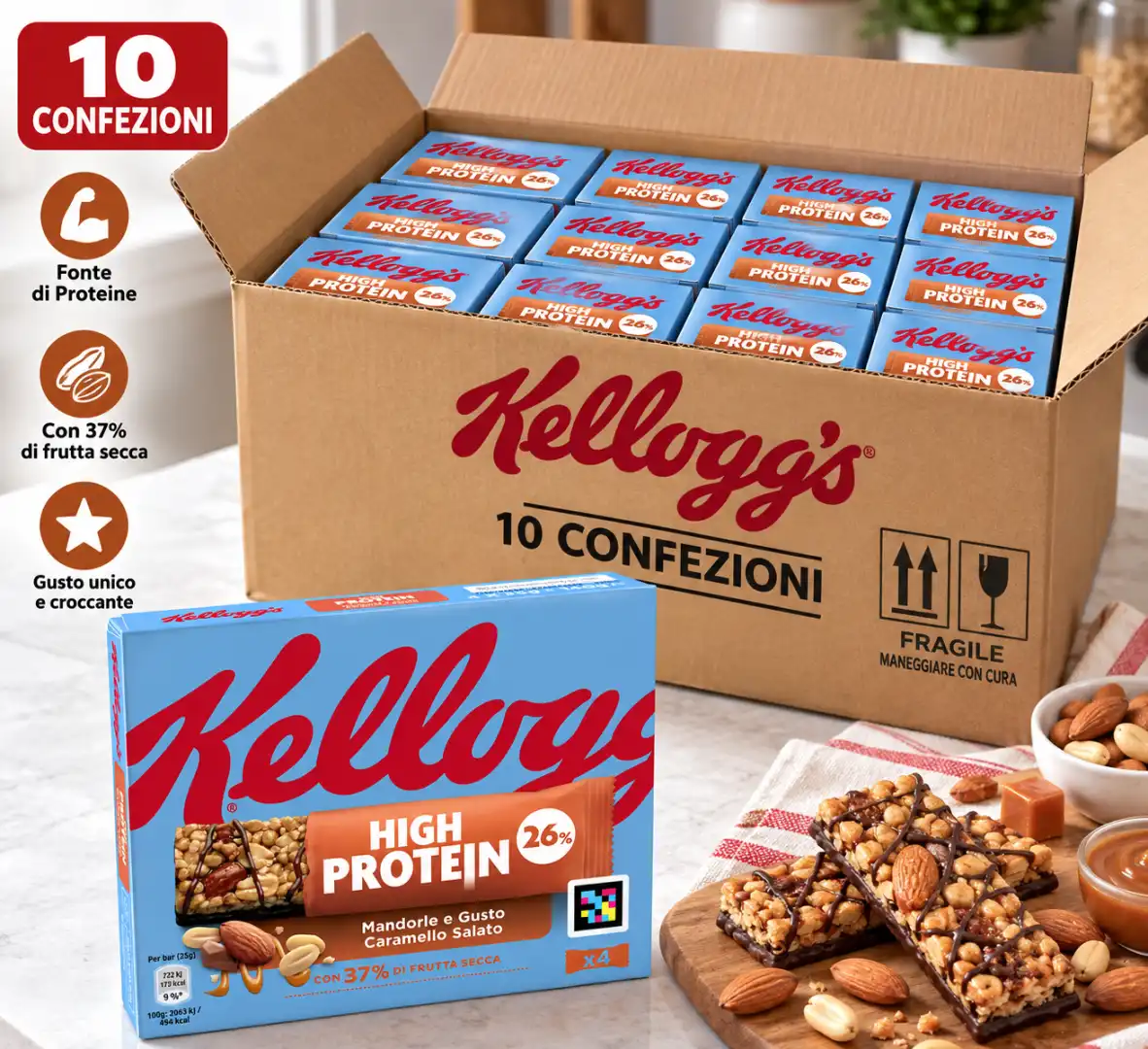 10 Pezzi Kellogg's Barrette Protein 35g x4 Caramello Salato Mandorle 26% 1,4Kg